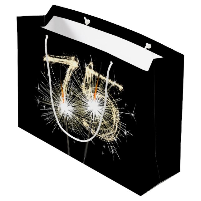 Grand Sac Cadeau 75e Anniversaire Sparklers Sur Black Large Cadeau  (Dos Angle)