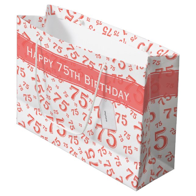 Grand Sac Cadeau 75e Joyeux anniversaire Coral/Motif de numéro blan (Devant Angle)