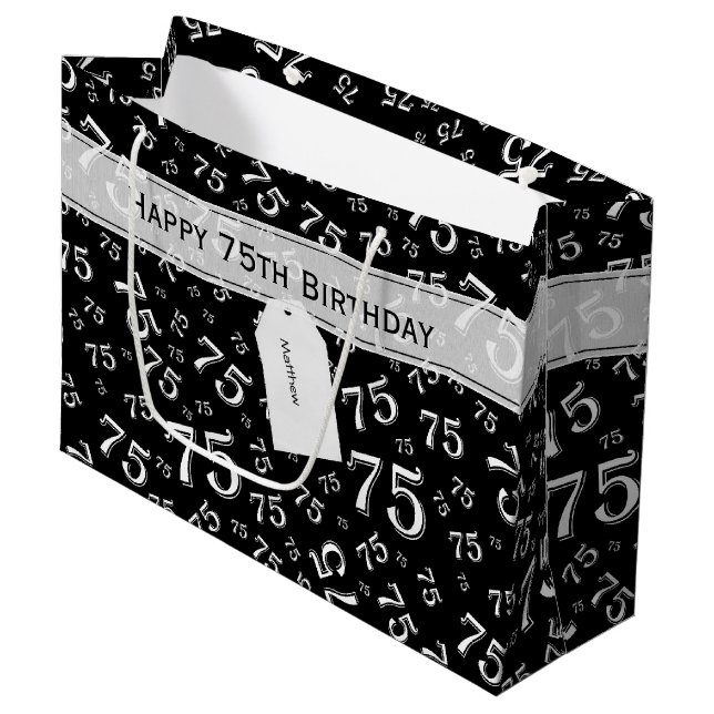Grand Sac Cadeau 75e Joyeux anniversaire noir/blanc Motif numérique (Devant Angle)