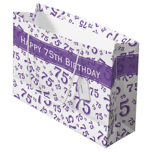 Grand Sac Cadeau 75e Joyeux anniversaire violet/blanc Motif numériq (Devant Angle)