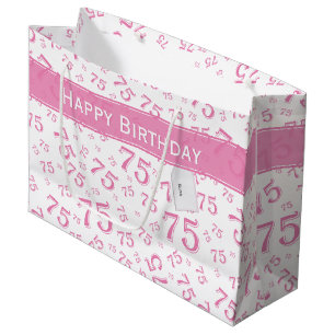 Grand Sac Cadeau 75e Joyeux Motif de numéros rose/blanc