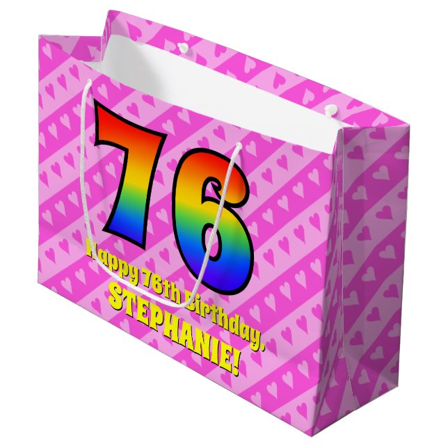 Grand Sac Cadeau 76e anniversaire : Pink Stripes & Hearts, Arc en c (Devant Angle)