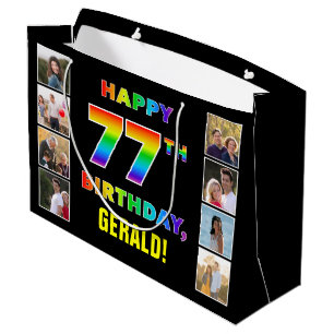 Grand Sac Cadeau 77e anniversaire : Rainbow Text, Custom Photos & N