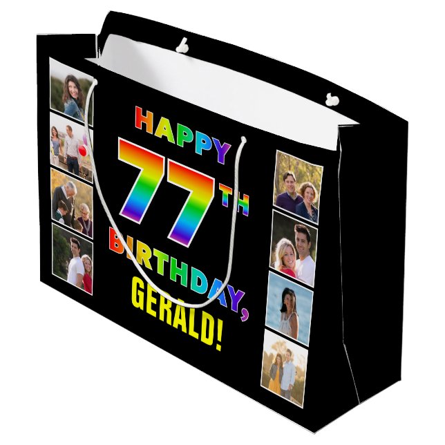 Grand Sac Cadeau 77e anniversaire : Rainbow Text, Custom Photos & N (Dos Angle)