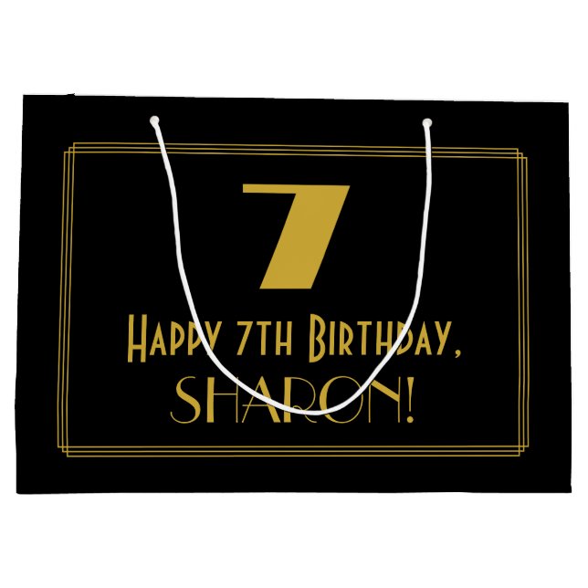 Grand Sac Cadeau 7e anniversaire — Art Déco Inspiré Look "7" & Nom (Dos)