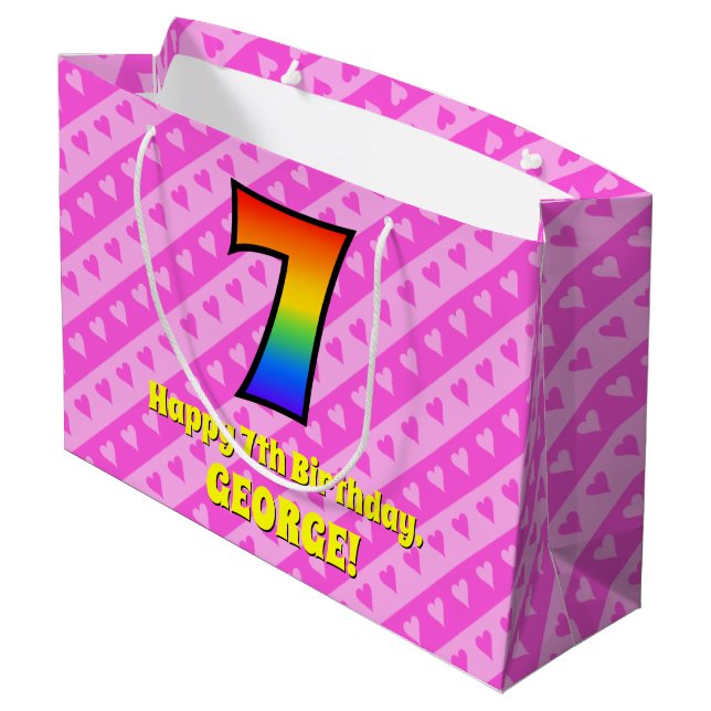 Grand Sac Cadeau 7e anniversaire : Pink Stripes & Hearts, Rainbow # (Dos Angle)
