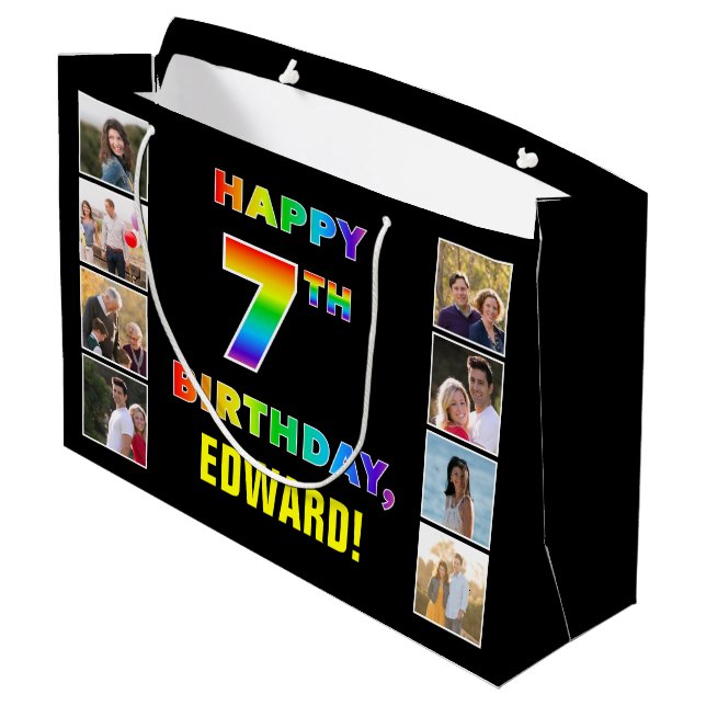 Grand Sac Cadeau 7e anniversaire : Rainbow Text, Custom Photos & Na (Dos Angle)