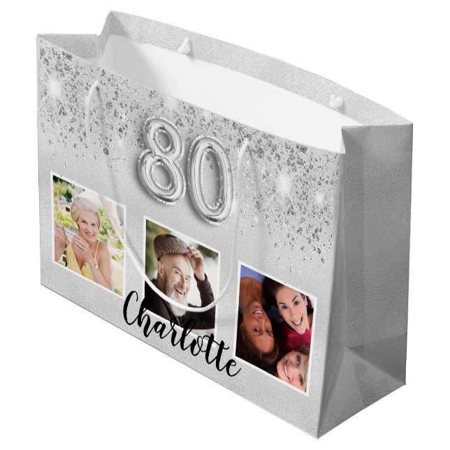 Grand Sac Cadeau 80e anniversaire argent parties scintillant photo  (Dos Angle)