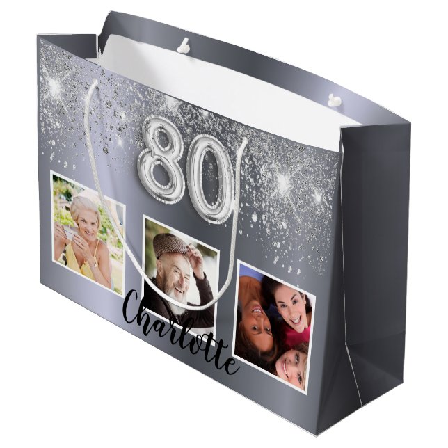 Grand Sac Cadeau 80e anniversaire parties scintillant argent photo (Dos Angle)