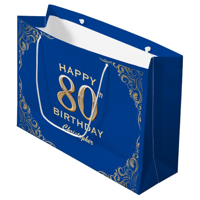 Grand Sac Cadeau 80e anniversaire Parties scintillant bleue et or c (Devant Angle)