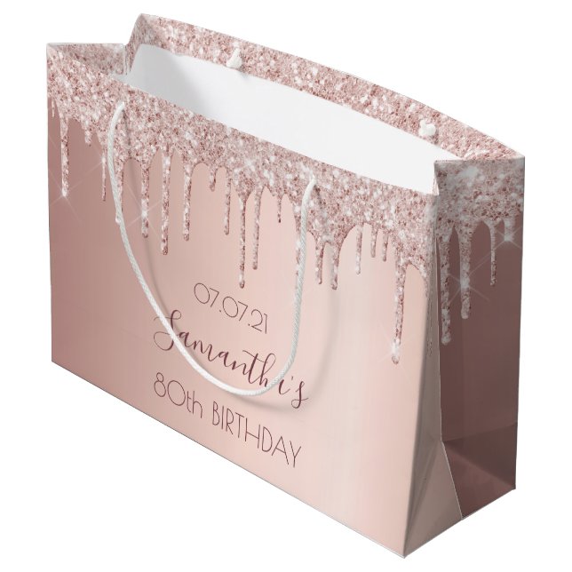 Grand Sac Cadeau 80e anniversaire rose gouttes d'or rose (Dos Angle)