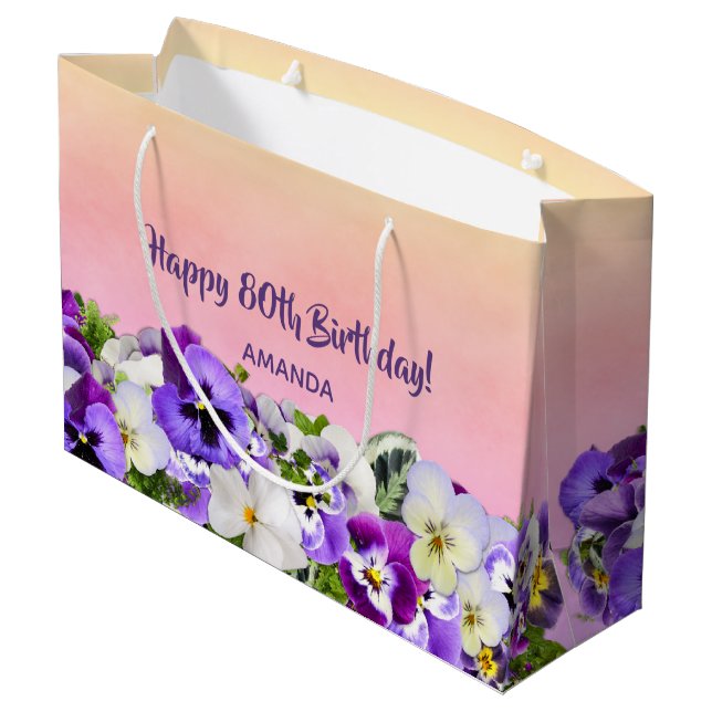 Grand Sac Cadeau 80e anniversaire rose violet forals monogramme (Dos Angle)