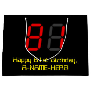 Grand Sac Cadeau 81e anniversaire : Style d'horloge numérique roug