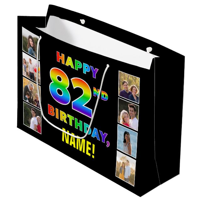 Grand Sac Cadeau 82e anniversaire : Rainbow Text, Custom Photos & N (Devant Angle)