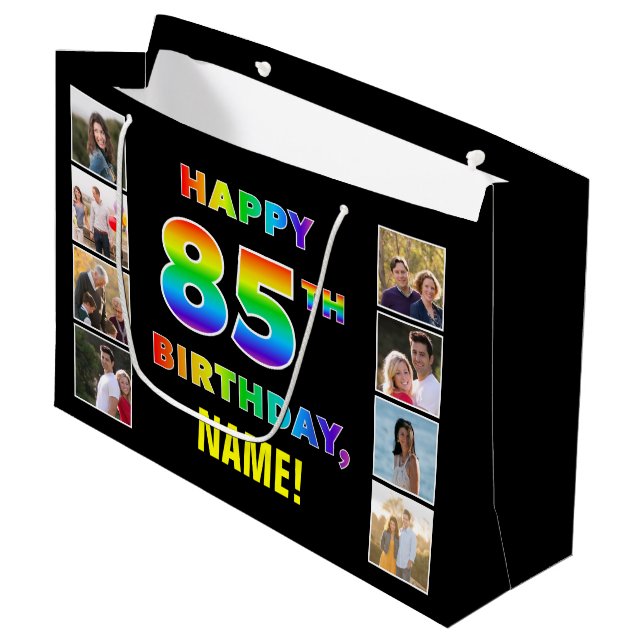 Grand Sac Cadeau 85e anniversaire : Rainbow Text, Custom Photos & N (Devant Angle)