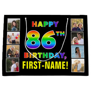 Grand Sac Cadeau 86e anniversaire : Rainbow Text, Custom Photos & N