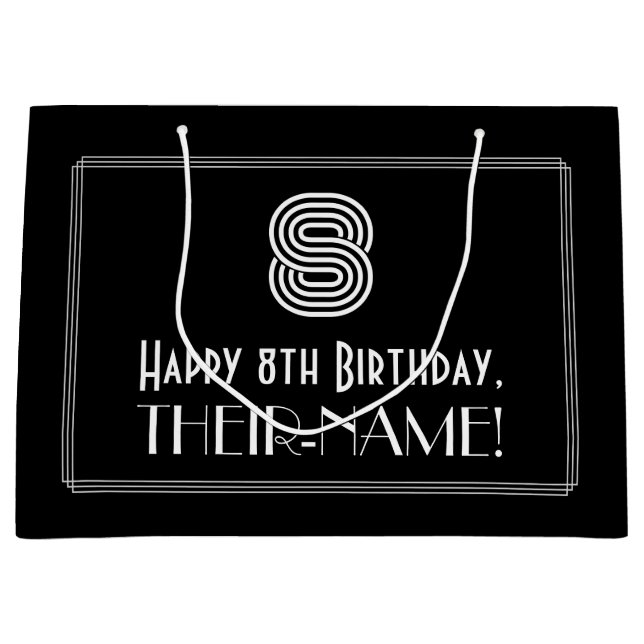 Grand Sac Cadeau 8e anniversaire — Art Déco Inspiré Look "8" & Nom (Devant)