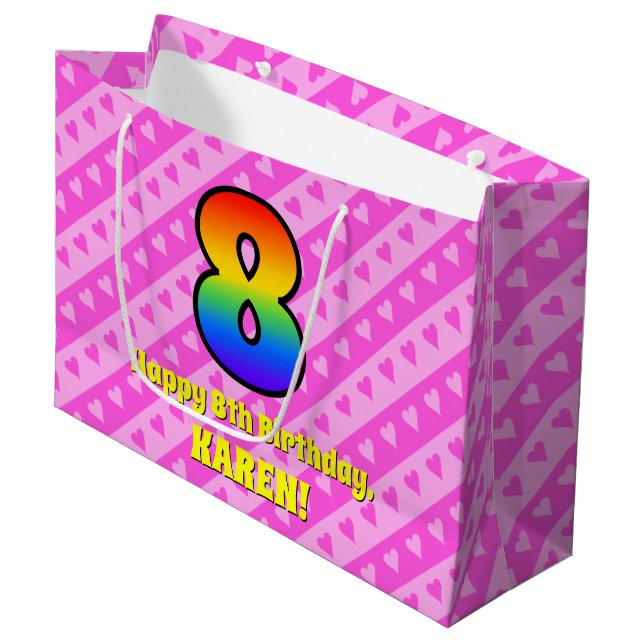 Grand Sac Cadeau 8e anniversaire : Pink Stripes & Hearts, Rainbow # (Devant Angle)
