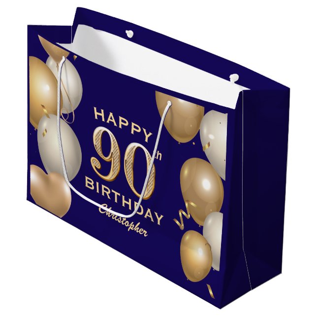 Grand Sac Cadeau 90e Anniversaire Marine Bleu et Ballons d'or (Devant Angle)