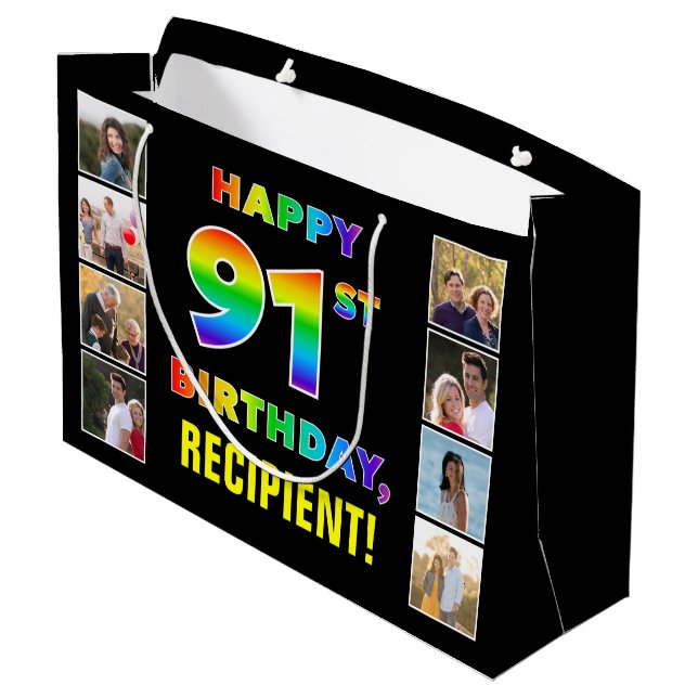 Grand Sac Cadeau 91e anniversaire : Rainbow Text, Custom Photos & N (Dos Angle)