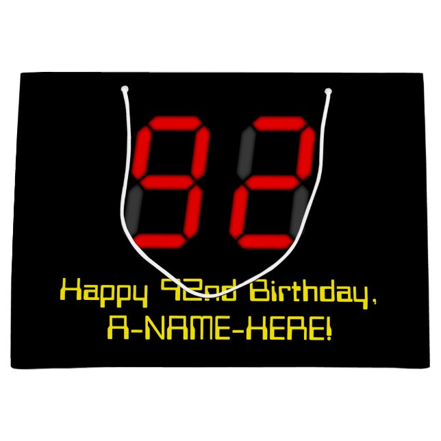 Grand Sac Cadeau 92e anniversaire : Rouge Digital Clock Style "92"  (Devant)