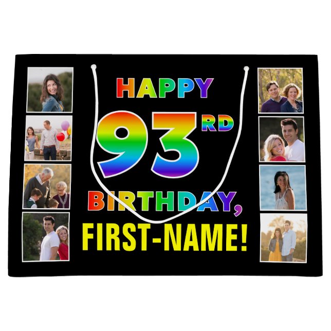 Grand Sac Cadeau 93e anniversaire : Rainbow Text, photos personnali (Devant)