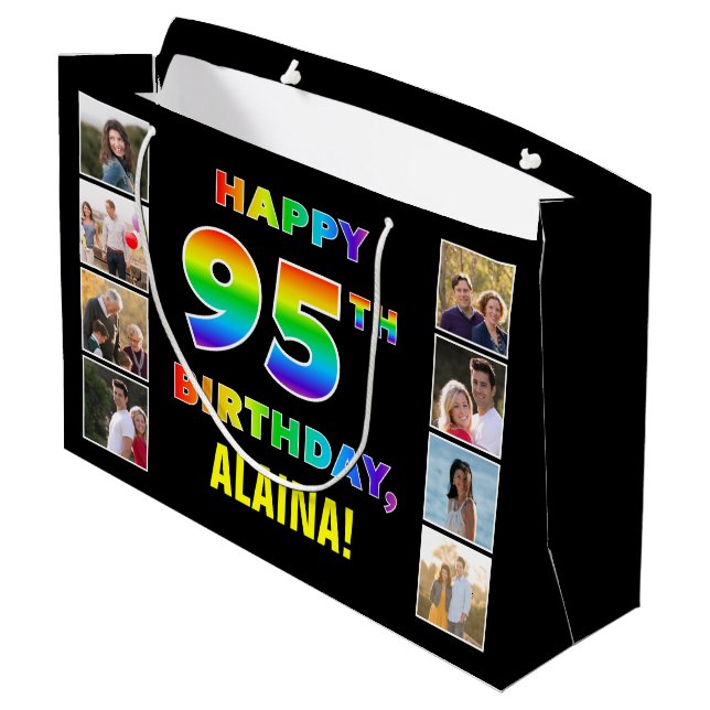 Grand Sac Cadeau 95e anniversaire : Rainbow Text, Custom Photos & N (Dos Angle)