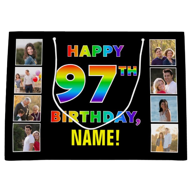 Grand Sac Cadeau 97e anniversaire : Rainbow Text, Custom Photos & N (Devant)