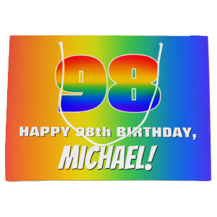 Grand Sac Cadeau 98e anniversaire : coloré, amusant Motif arc-en-ci