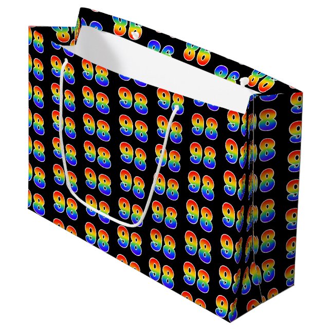 Grand Sac Cadeau 98e anniversaire : Fun Rainbow Event Numéro 98 Mot (Devant Angle)