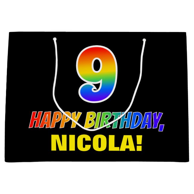 Grand Sac Cadeau 9e anniversaire : Bold, amusant, simple, arc-en-ci (Devant)