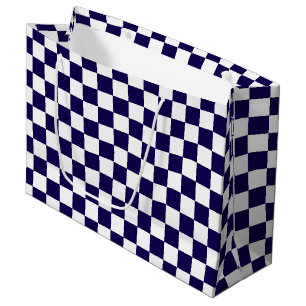 Grand Sac Cadeau À carreaux bleu foncé et blanc