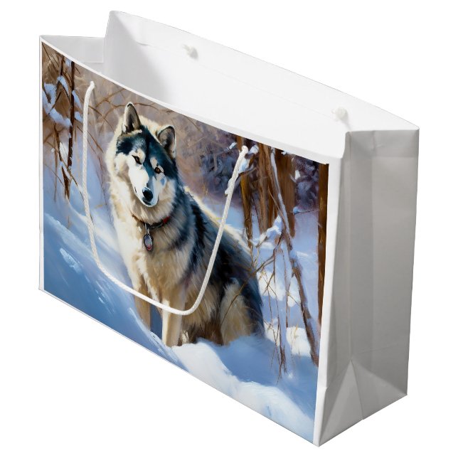 Grand Sac Cadeau Aaskan Malamute Laisser Il Neige Noël (Devant Angle)