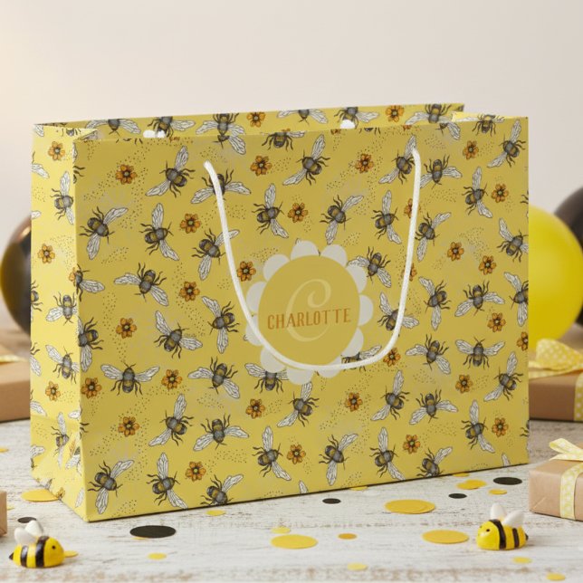 Grand Sac Cadeau Abeille jaune tendance et fleurs (Yellow Floral Bee Gift Bags for Nature Lover. Botanical Vintage Honeybee & Flowers Pattern For Her )