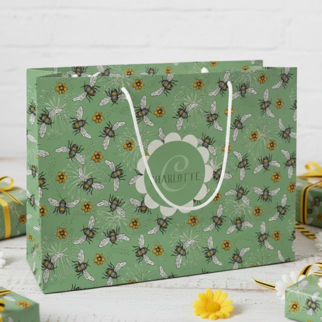 Grand Sac Cadeau Abeilles d'été à la mode Sage Green (Modern Floral Bee Gift Bags for Nature Lover. Botanical Vintage Honeybee & Flowers Pattern For Her )