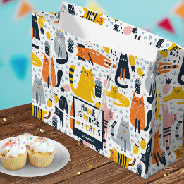 Grand Sac Cadeau Accueil est là où mon chat est Motif Nom monogramm