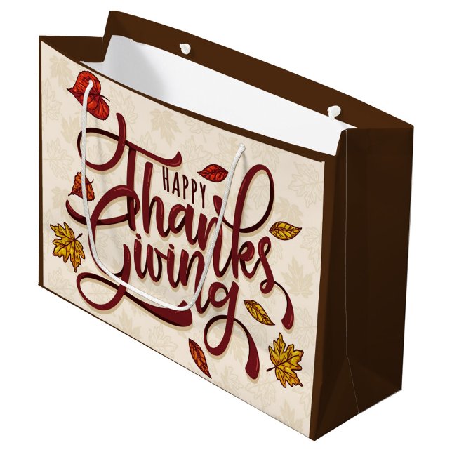 Grand Sac Cadeau Action de grâce (A digital illustration of "Happy Thanksgiving" in a festive, autumnal style.)