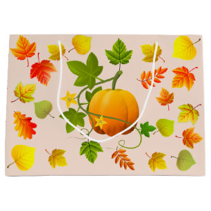 Grand Sac Cadeau Action de grâce Citrouille et feuilles d'automne s