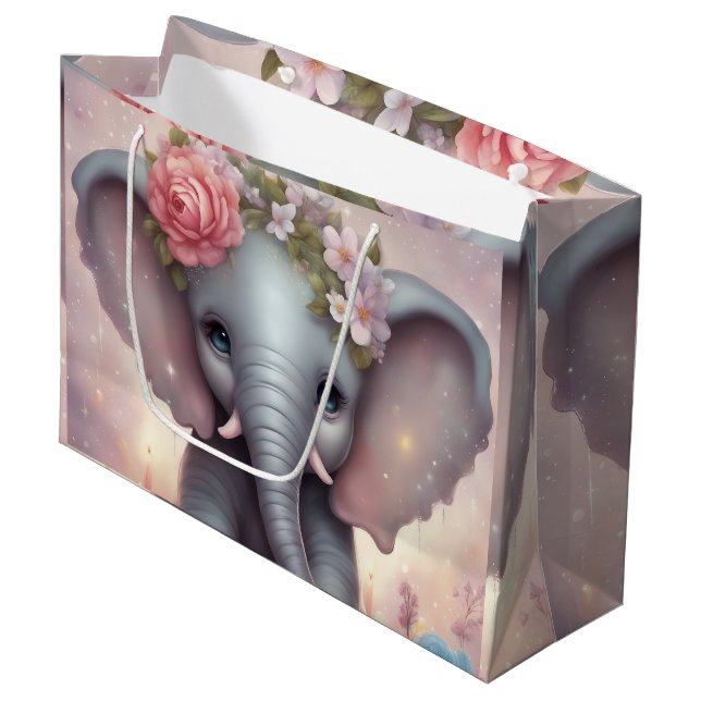 Grand Sac Cadeau Adorable bébé éléphant avec fleurs (Devant Angle)