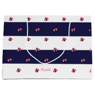 Grand Sac Cadeau Adorable coccinelle rayures bleu marine
