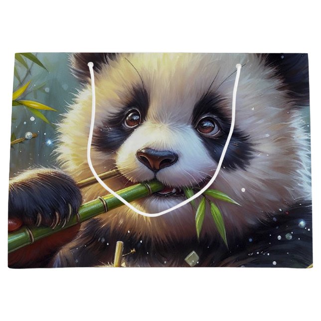 Grand Sac Cadeau Adorable Ours De Panda Mangeant Bambou (Devant)