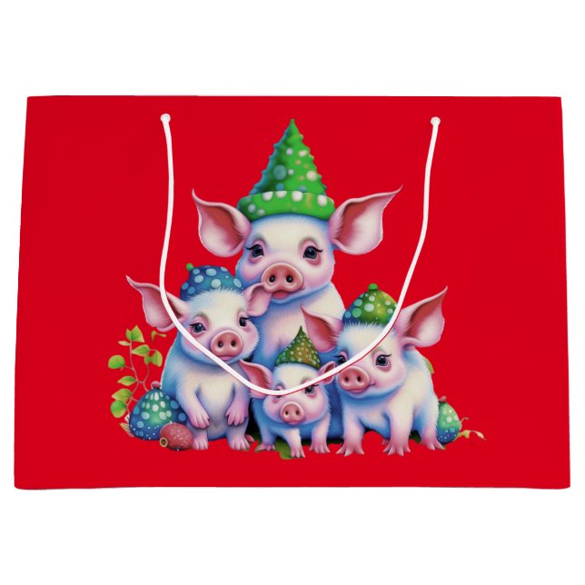 Grand Sac Cadeau Adorable Petites Piggies Arbre de Noël Rouge (Devant)