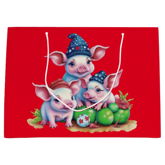 Grand Sac Cadeau Adorable Petites Piggies Arbre de Noël Rouge (Devant)