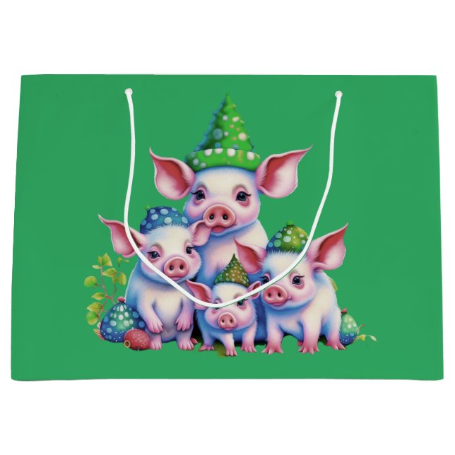 Grand Sac Cadeau Adorable Petites Piggies de Noël Vert Arbre de Noë (Devant)