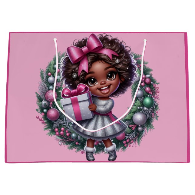 Grand Sac Cadeau African American Girl Pink & Silver Holiday (Devant)