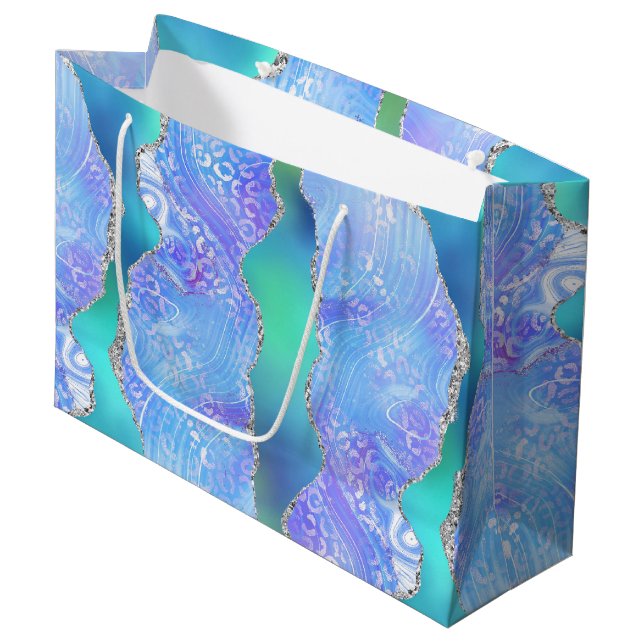 Grand Sac Cadeau Agate Léopard Sarcelle | Motif de Pierre Abstraite (Devant Angle)