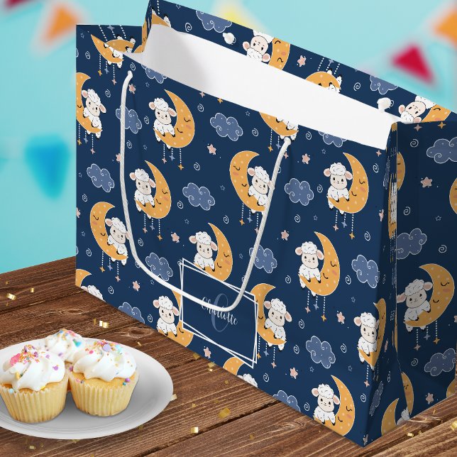 Grand Sac Cadeau Agneau bébé sur la lune Motif avec prénom (Créateur téléchargé)