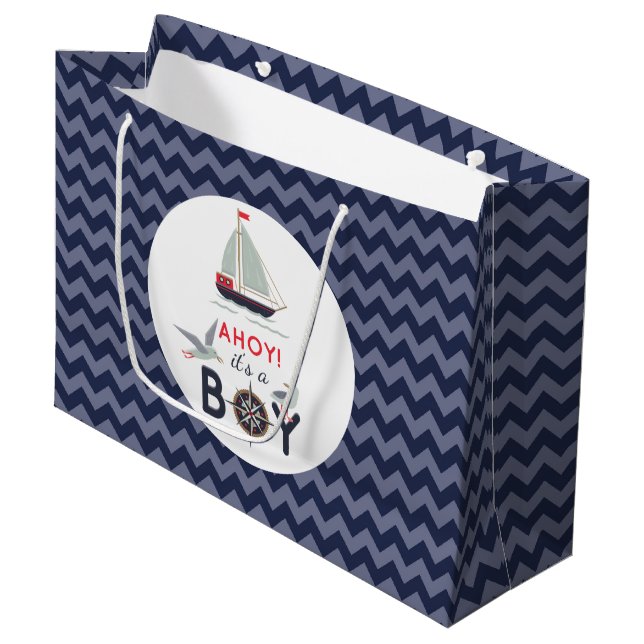 Grand Sac Cadeau Ahoy ! C'est un Baby shower nautique de voilier (Devant Angle)
