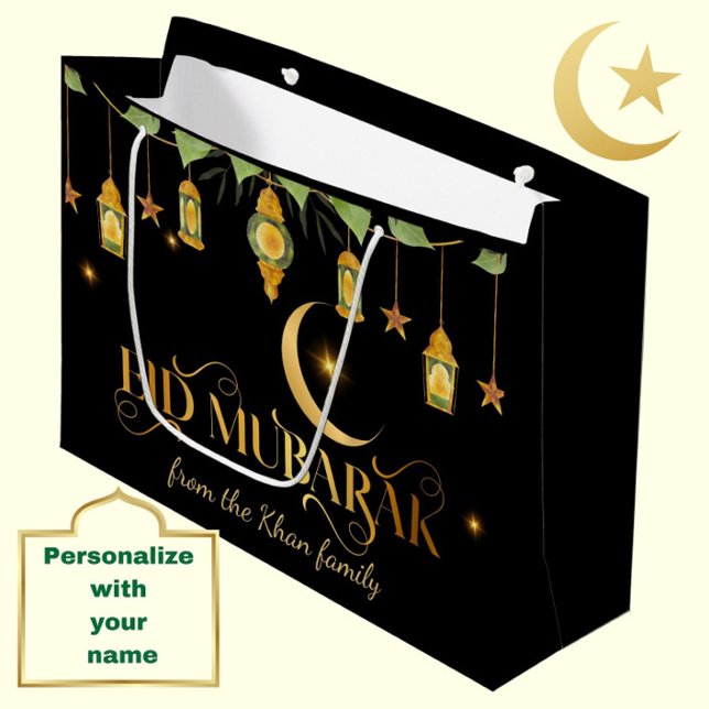 Grand Sac Cadeau Aïd Moubarak Nom personnalisé Élégante Lune Noir O (Personalize this modern, elegant black + gold "Eid Mubarak" gift bag for a special touch.)