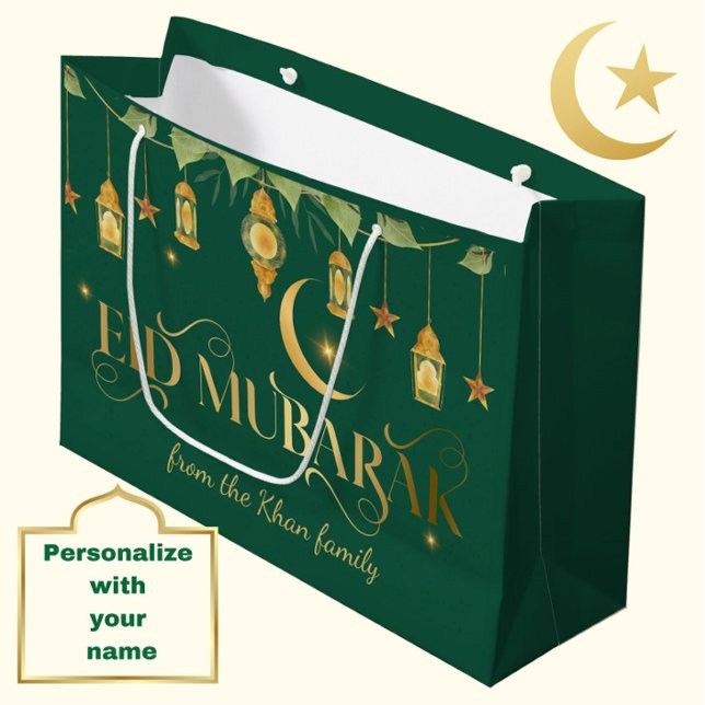 Grand Sac Cadeau Aïd Moubarak Nom personnalisé Élégante Lune Vert O (Personalize this modern, elegant emerald green + gold "Eid Mubarak" gift bag for a special touch.)